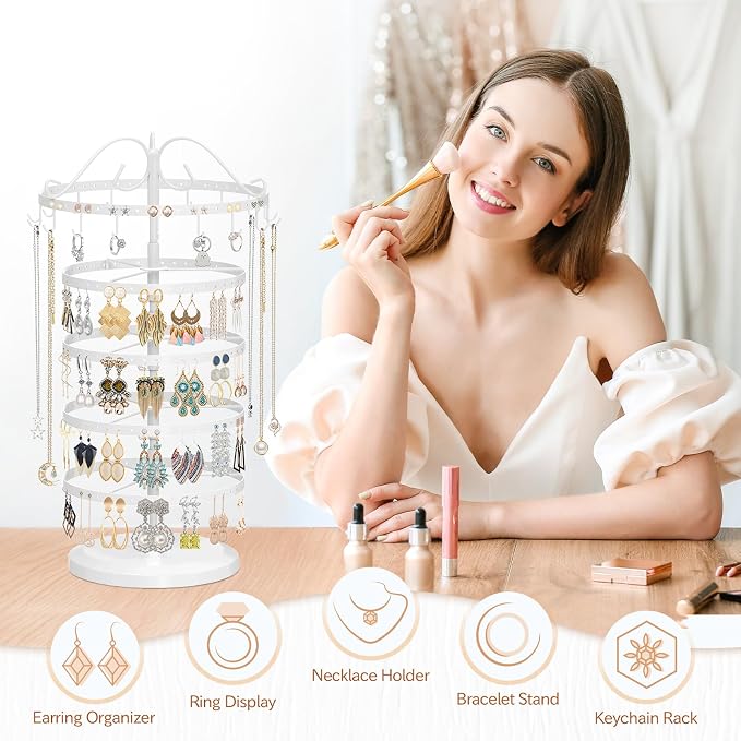 MODOWEY Rotating Jewelry Holder Organizer Stand, 5 Tier Metal Adjustable - Image 2