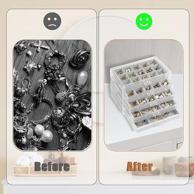5 Drawers Clear Jewelry Box for Women and Girls, Acrylic Earring Holder - Image 3