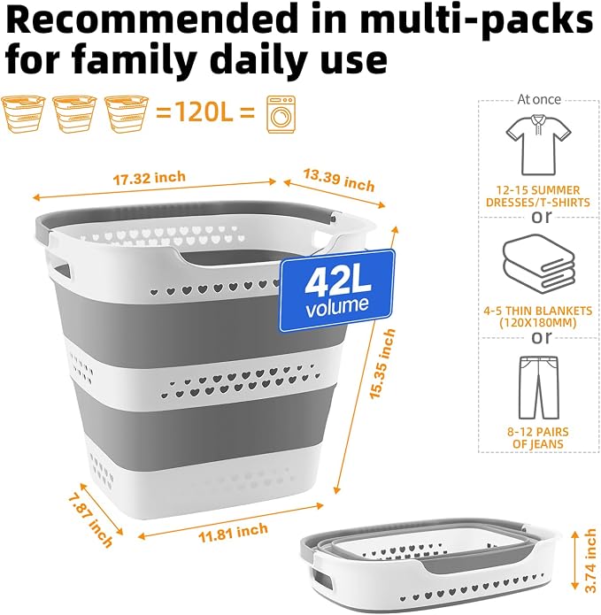 3 Pcs 42L Medium Collapsible Plastic Laundry Basket - Image 2