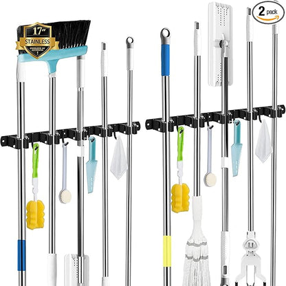 AceMining 2 Pack Black 5 Racks and 4 Hooks Mop and Broom Holder Wall Mount by AceMining