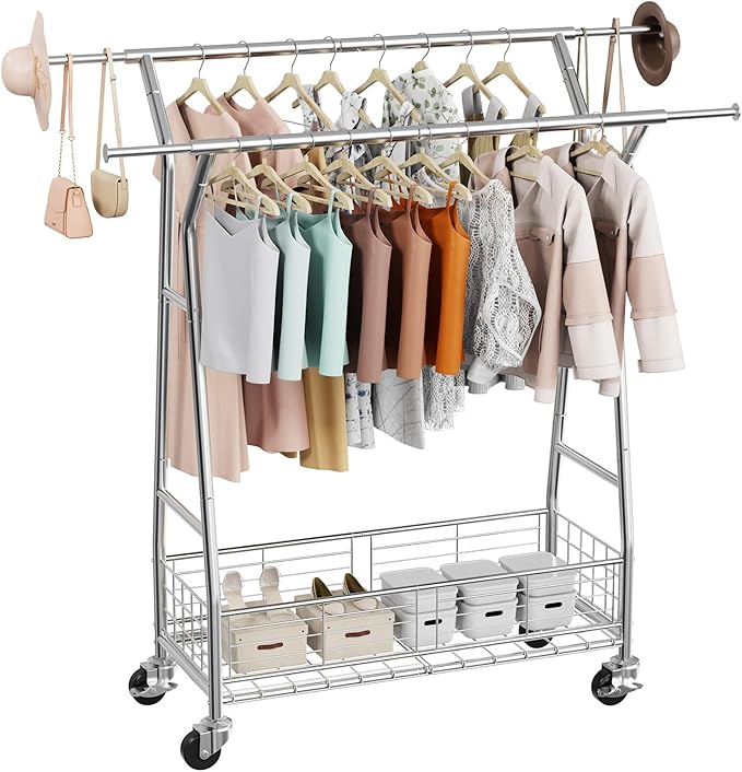 VEVOR Clothes Rack, Rolling Clothing Garment Rack, Extendable Carbon Steel by VEVOR