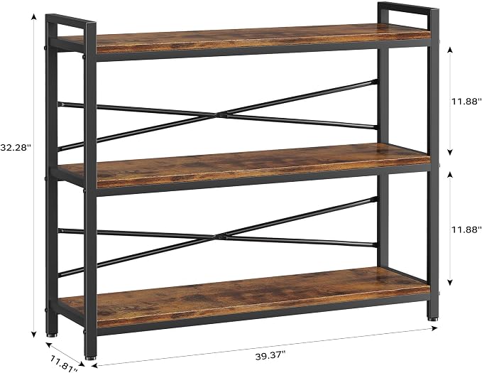 3 Tier Bookshelf 39.37" Width, Long Industrial Bookcase, Vintage Farmhouse - Image 3