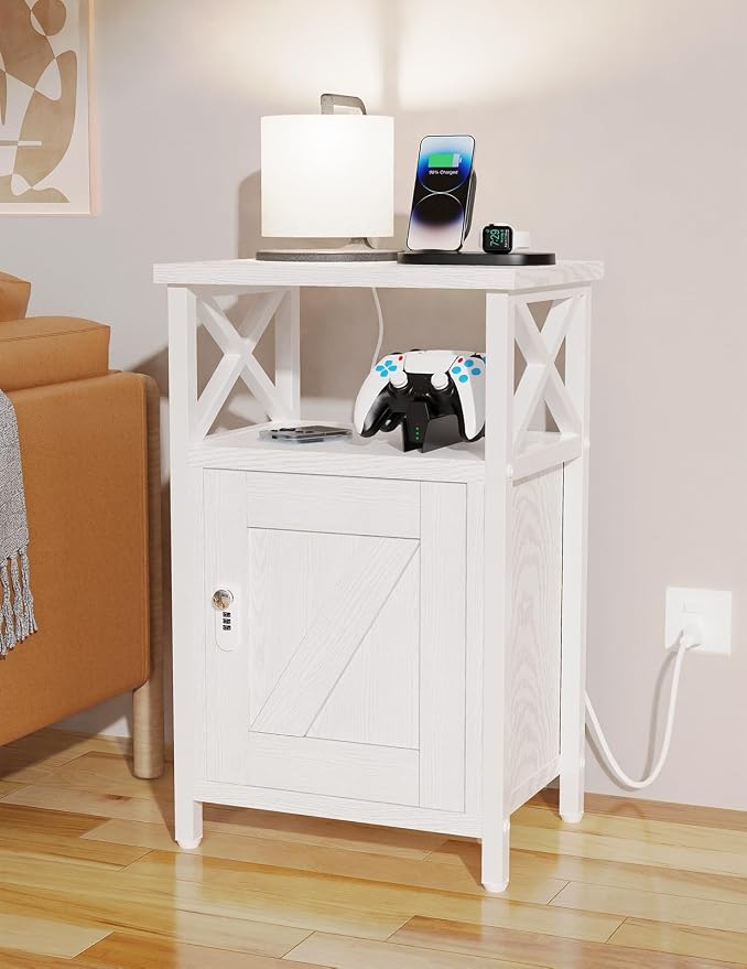 runjuly Wooden Nightstand with Lock Storage and Charging Station, Lockable - Image 2