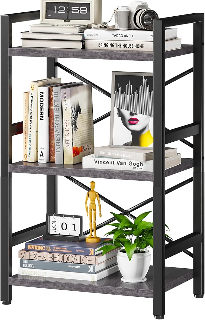 Homeiju Bookshelf, 3 Tier Industrial Bookcase, Metal Small Bookcase, Rustic by Homeiju