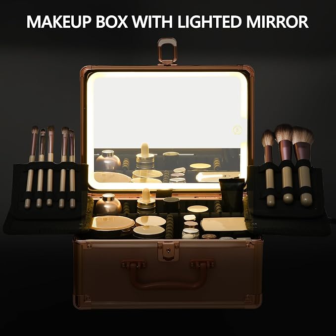 Rose Gold Makeup Case with Lighted Mirror, Detachable LED Mirror, Travel Makeup - Image 2