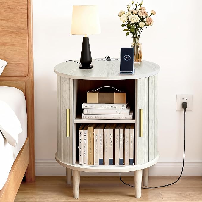 Nightstand with Charging Station, Fluted Accent Side Table with Sliding Door & - Image 3