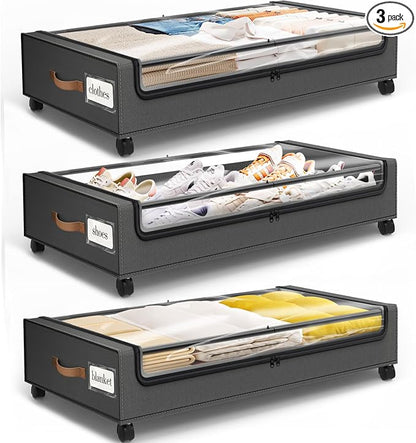 Under Bed Storage with Wheels 3Pack Storage Containers with Clear Window&Label by SpaceHacks