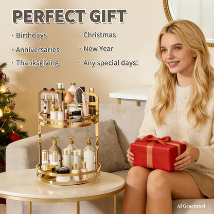 360° Rotating Makeup Organizer, 2-Tier Gold Perfume Organizer - Image 6