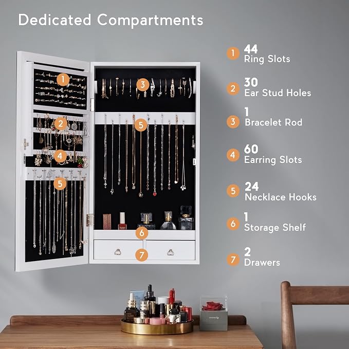 LAVIEVERT Jewelry Armoire with LED Lighted Mirror, Wall/Door Mounted Frameless - Image 2