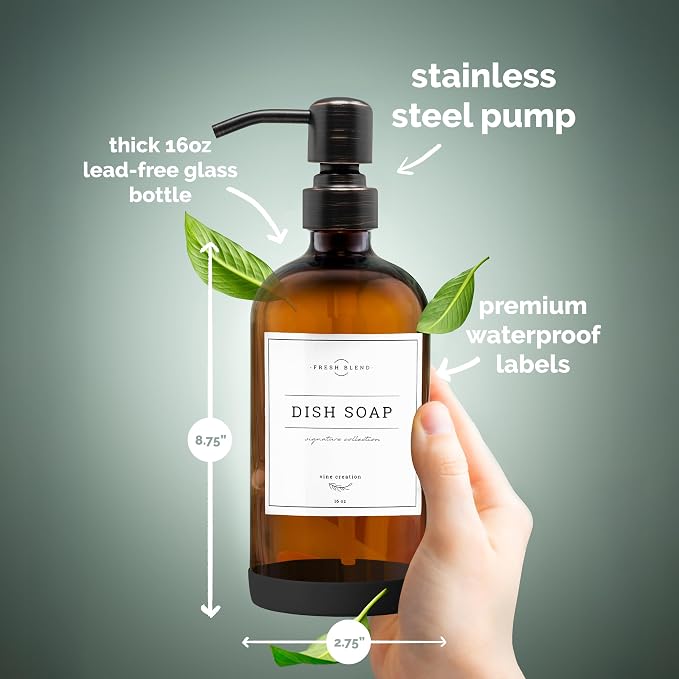 Vine Creations Amber Glass Soap Dispenser, 2 Pack Kitchen Soap Dispenser Set - Image 5