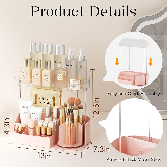 Rotating Makeup Organizer w/Makeup Brush Holder, 2 Tier Bathroom Countertop - Image 3