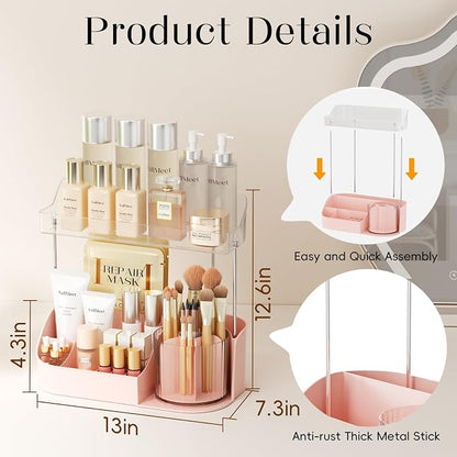 Rotating Makeup Organizer w/Makeup Brush Holder, 2 Tier Bathroom Countertop - Image 3
