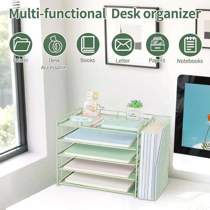 AUPSEN Green Desk Accessories Organizer, 5-Tier Letter Tray Paper Organizer - Image 3