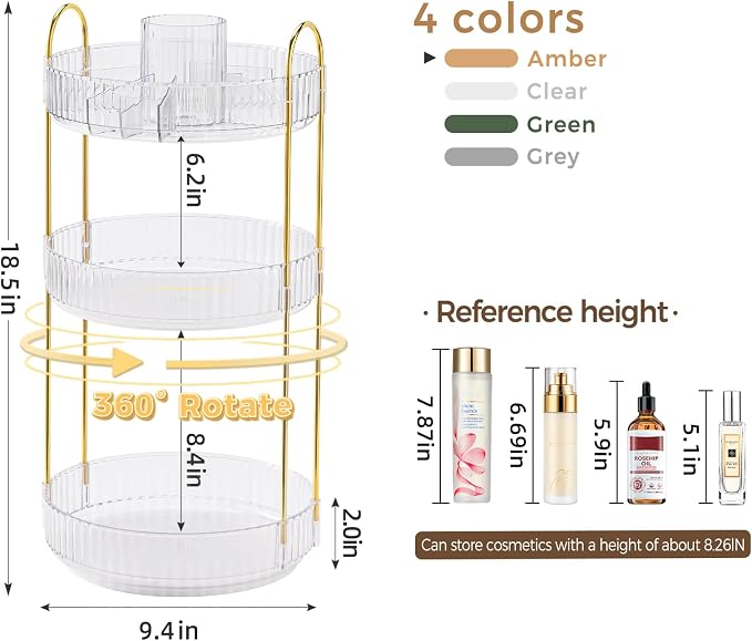 360° Rotating Makeup Organizer, Upgraded 3 Tier Skincare Perfume Organizers - Image 2