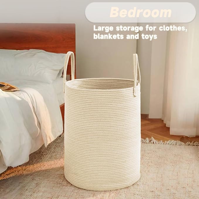 Large Woven Laundry Basket Hamper, 80L Cotton Rope Storage Bin - Image 4