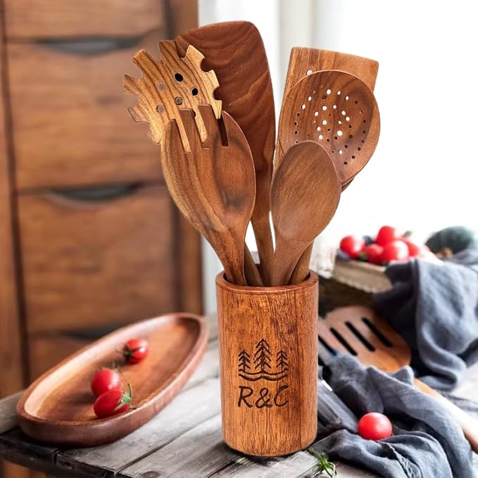 R&C Wooden Kitchen Utensil Set, 9-Piece Teak Cooking Tools - Image 9