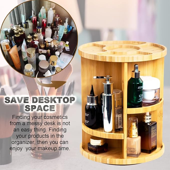VVW Rotating Bamboo Makeup Organizer, 360 Degree Spinning Adjustable Bamboo - Image 4