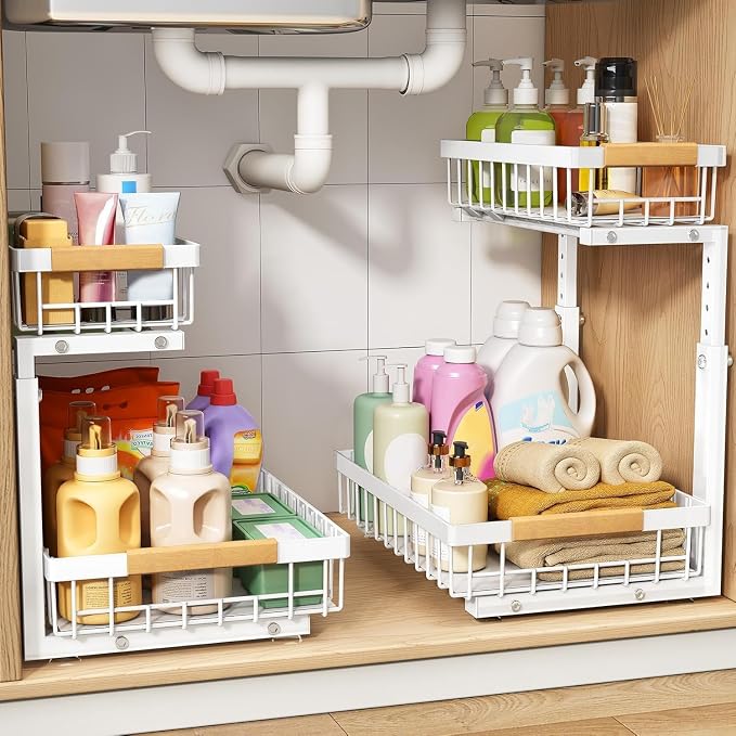 PXRACK 2 Pack Under Sink Organizer, Adjustable Height, 2 Tier Pull Out Under - Image 7