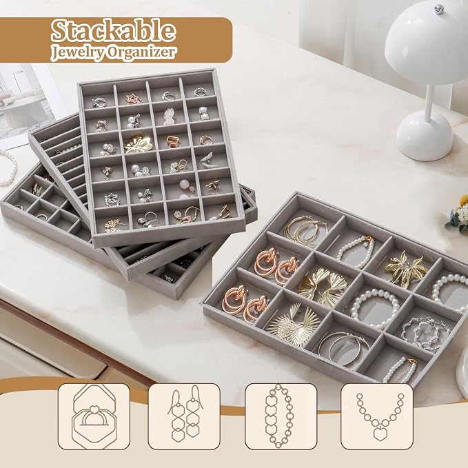 Large Jewelry Drawer Organizer Trays Set of 4, Stackable Velvet Jewelry Trays - Image 7