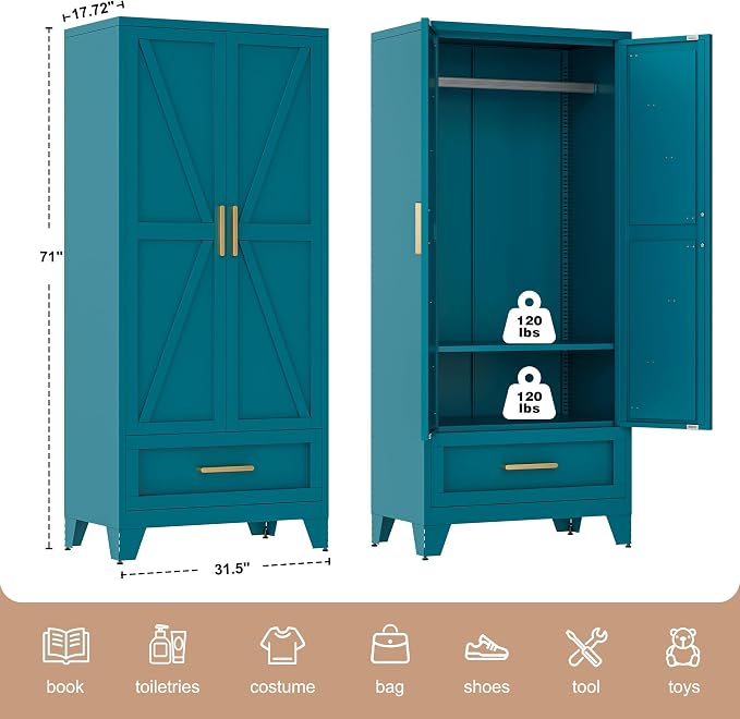 71" Tall Metal Wardrobe Cabinet - Image 3
