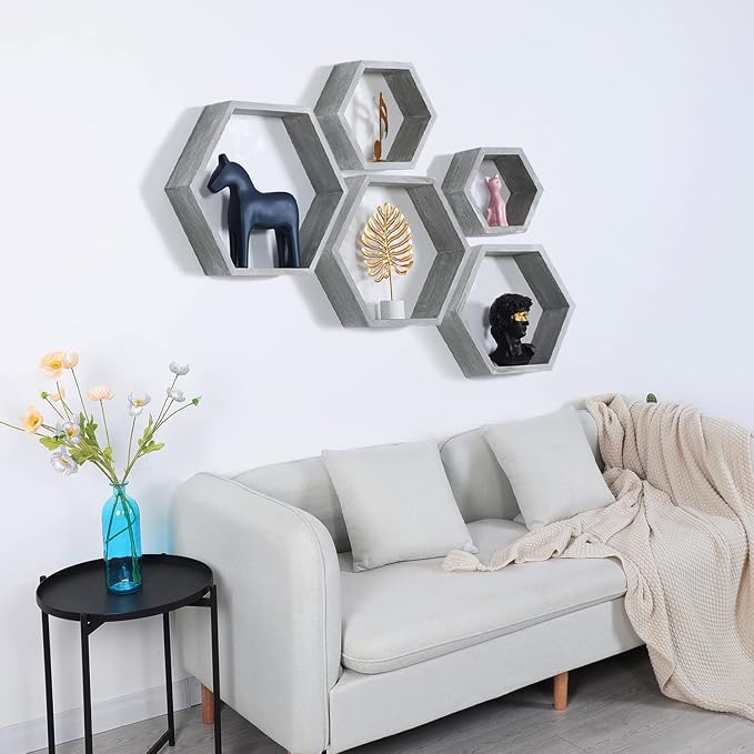 Hexagon Shelves, Floating Wall Shelf, Honeycomb Octagon Cube Shelves Wood | - Image 2