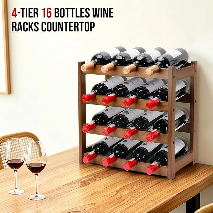Bamboo Wine Rack, 4-Tier 16 Bottles Wine Storage Cabinet Shelf, Easy-Assembly - Image 3