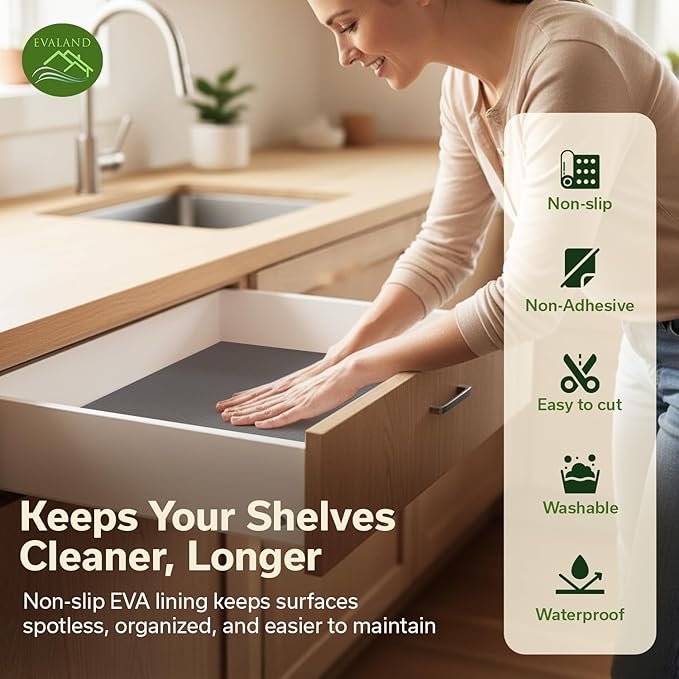 EVALAND Shelf Liners for Kitchen Cabinets Non-Adhesive 12" x 33 FT Grey Drawer - Image 2