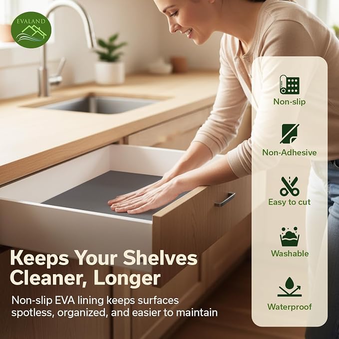 EVALAND Shelf Liners for Kitchen Cabinets Non-Adhesive 12" x 33 FT Gray Drawer - Image 3
