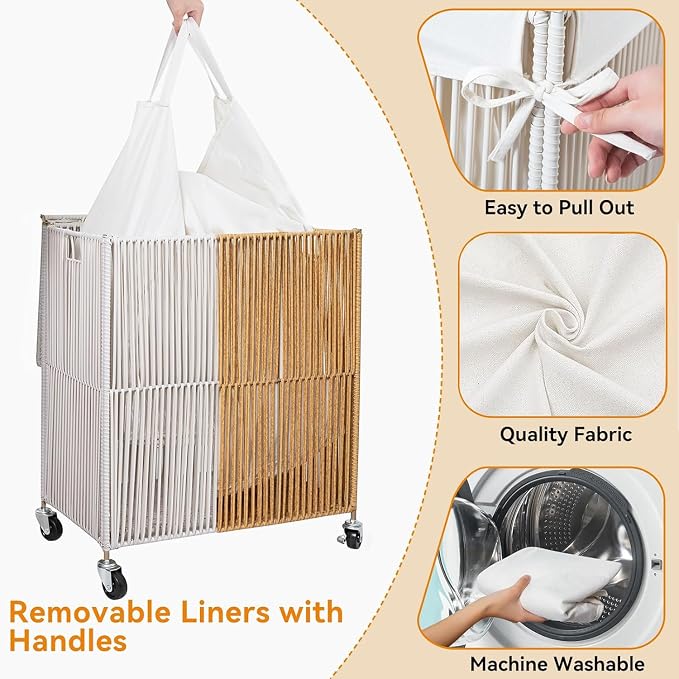 WOWLIVE Laundry Hamper with Wheels, Handwoven Rolling Laundry Basket with Lid - Image 5