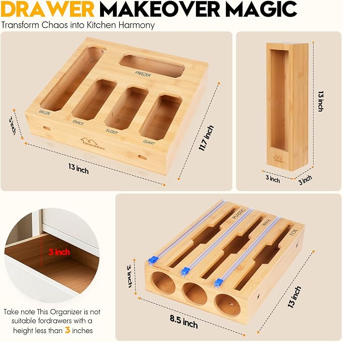 Bamboo Ziplock Bag Organizer for Kitchen Drawer & Wall Mount, Food Storage - Image 2