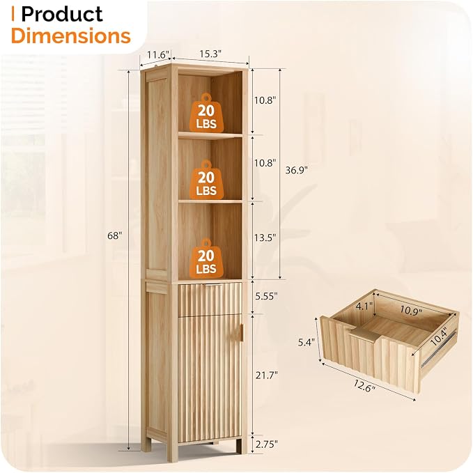 VINGLI Narrow Fluted Bathroom Floor Skinny Storage Cabinet - Image 2