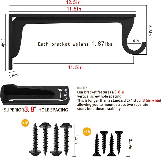 Heavy Duty Closet Rod Support Bracket 400lbs 12x5.6in | Sturdiness Wall Mounted - Image 2