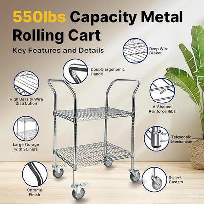 Northsky 2-Shelf Wire Utility Cart on Wheels, Chrome Finish Rolling Metal - Image 3