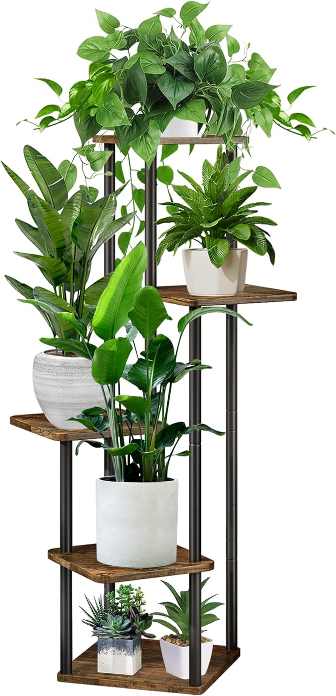 5 Tier Wood Tall Plant Stand Metal Rack Indoor, Planter Shelf Display Rack by YOCOMEY