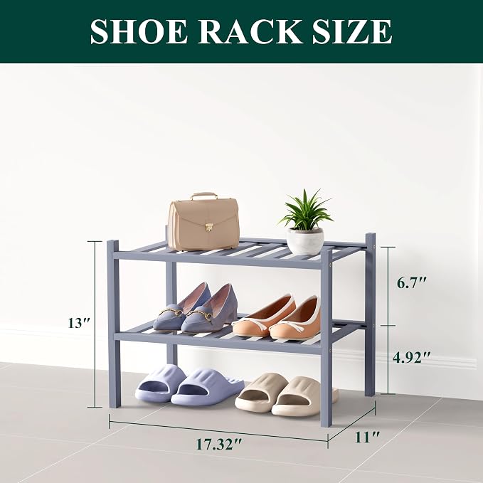 Smiry Bamboo Shoe Rack for Closet, 2 Tier Small Wooden Stackable Shoe Organizer - Image 2
