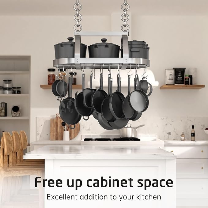 KES 34 Inch Heavy Duty Chrome Hanging Pot Rack Ceiling Mount, Oval Pot and Pan - Image 3