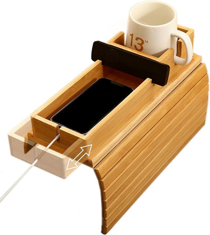 Bamboo Couch Arm Tray with Detachable Cup Holder, 2 in 1 Foldable Anti-Falling by Unknown