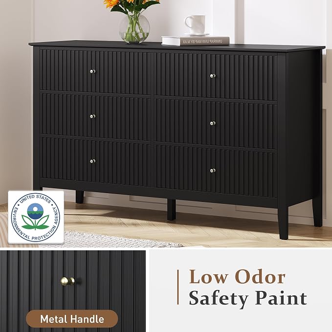 RoyalCraft Black 6 Drawer Dresser Set of 2, Fluted Modern Wood Dresser - Image 7