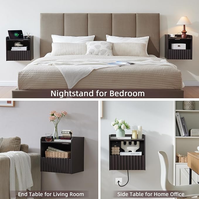 Modern Fluted Floating Nightstand Wall Mounted Set of 2- Bedside Table - Image 6