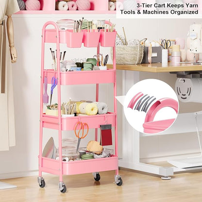 4 Tier Rolling Cart Metal with Lockable Wheels, Four Tiered Pink Trolley Cart - Image 4