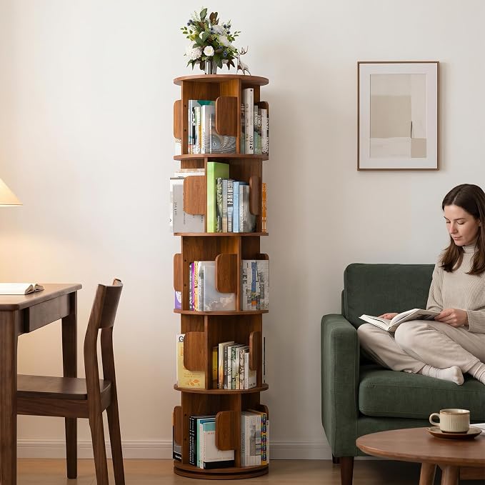 5-Tier 360° Rotating Bookshelf, Round Floor Standing Bookcase - Image 7