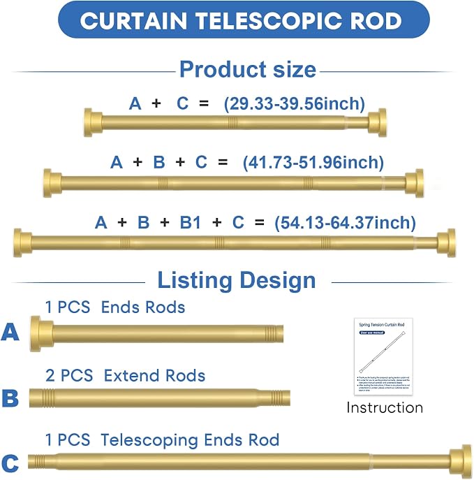 Tension Curtain Rod 30-64 Inch Gold Adjustable Curtain Rods No Drilling - Image 2