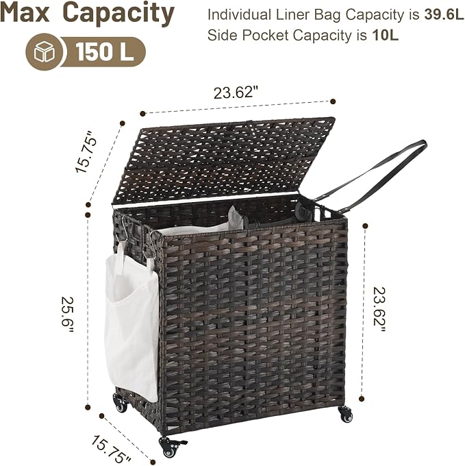 Laundry Hamper with Wheels, 39.6 Gallon Rolling Laundry Basket with Lid - Image 4