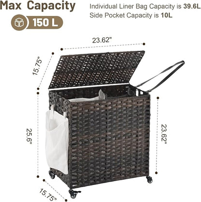 Laundry Hamper with Wheels, 39.6 Gallon Rolling Laundry Basket with Lid - Image 4