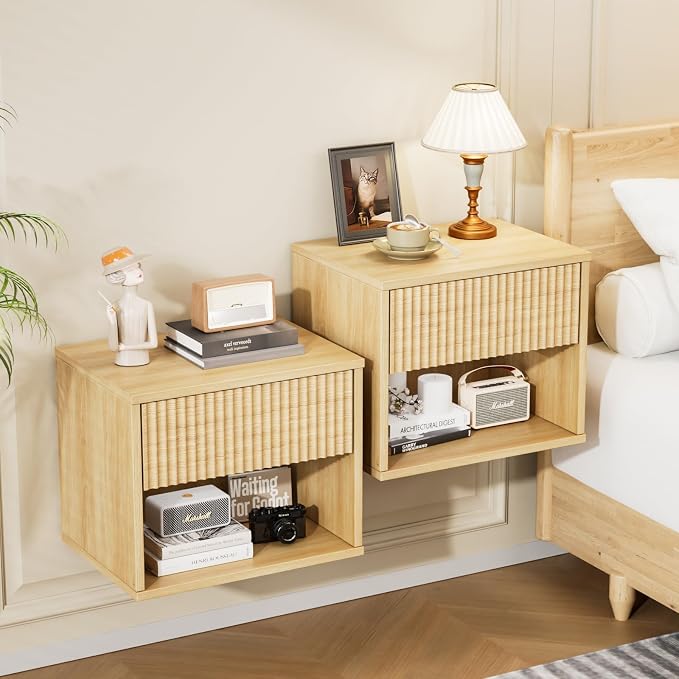 VINGLI Floating Nightstand Set of 2 Fluted Nightstands by VINGLI