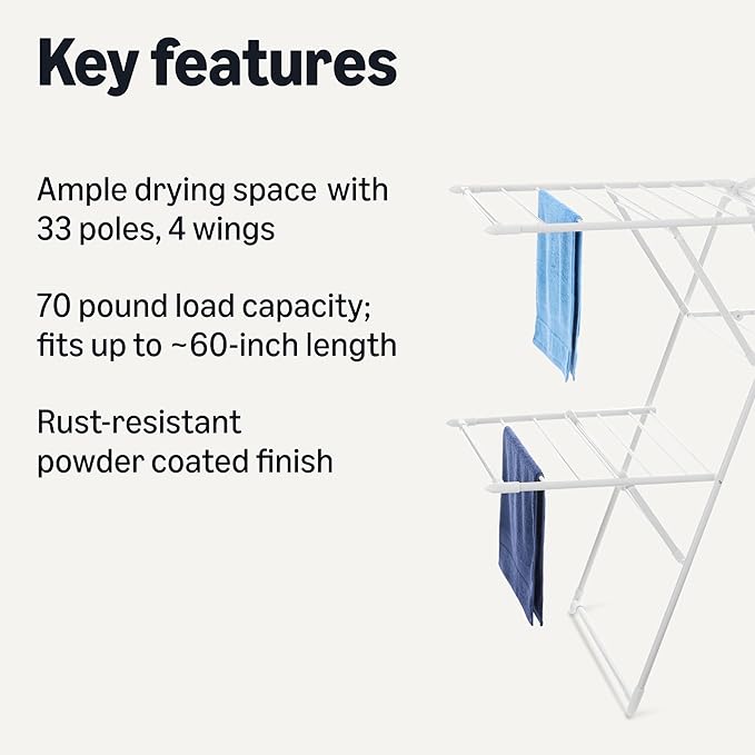 Amazon Basics Foldable 4-Wing Metal Clothes Drying Rack, 61x23.6x49.6 inches - Image 2