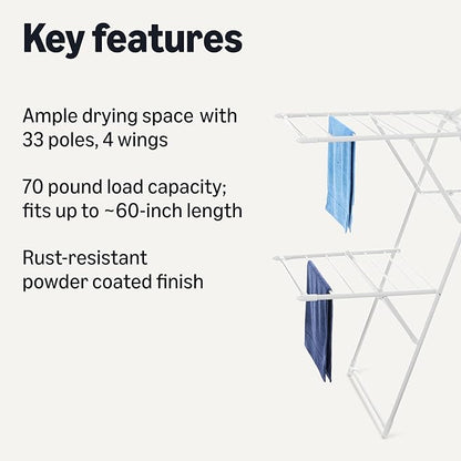 Amazon Basics Foldable 4-Wing Metal Clothes Drying Rack, 61x23.6x49.6 inches - Image 2