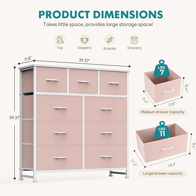 OLIXIS 9 Drawer Pink Dresser for Bedroom, Closet Organizers and Storage | Tall - Image 3
