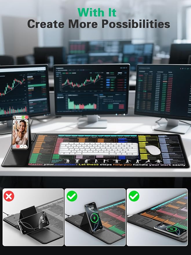 Mouse Pad with Excel Shortcut Keys, Desk Pad with Wireless Charger & Phone Stand - Image 7