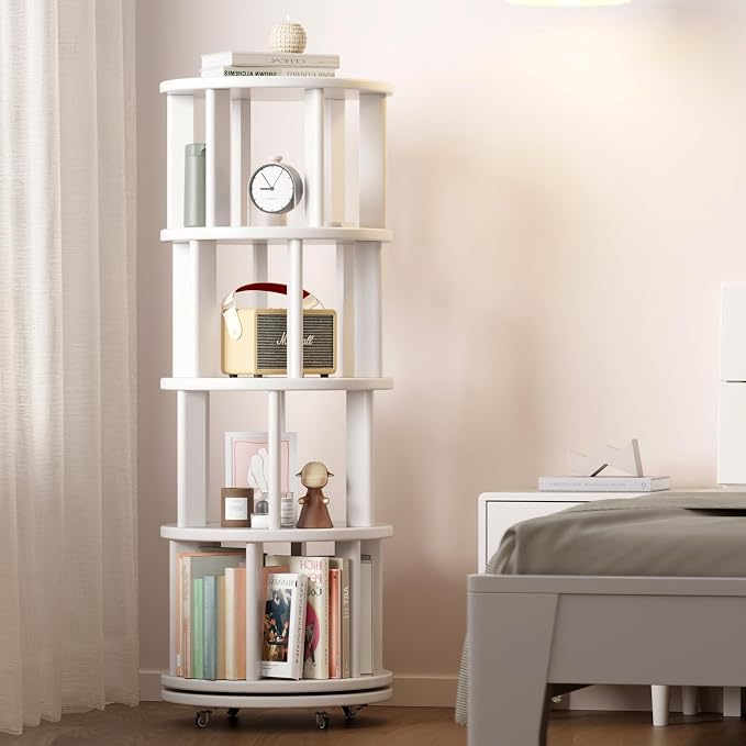 Solid Wood Rotating Bookshelf on Wheels, 4 Tier, Round Revolving Bookcase - Image 8